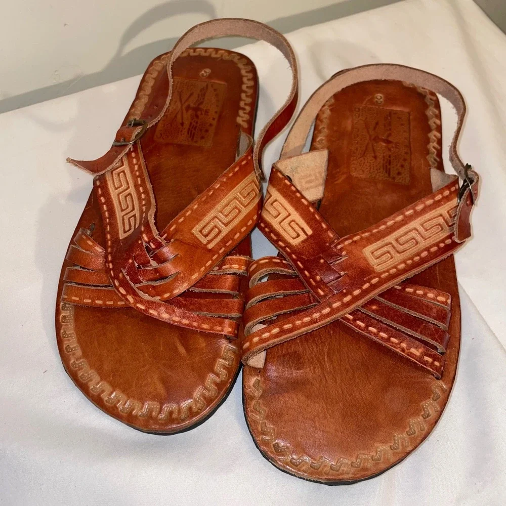 Don Porfirio Leather Huarache Sandals Tan Greek Key Etched Mens 8